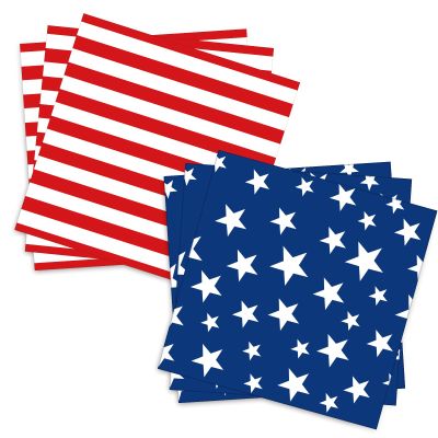 50 Count American Flag Paper Napkins 25 Red & White Stripe and 25 Blue with Stars Design, Disposable Beverage Cocktail Napkins for 4th of July, Memorial Day, Patriotic Parties, and Table Decorations