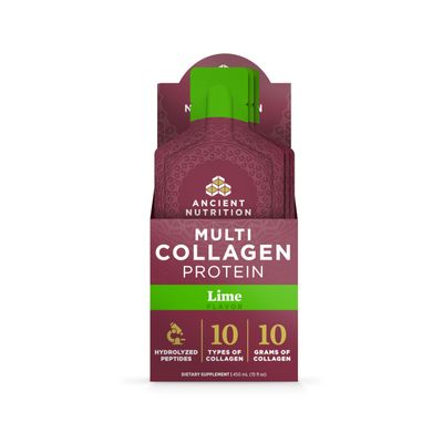 Ancient Nutrition Multi Collagen Protein Gel with Probiotics & Vitamin C, Hydrolyzed Collagen Peptides for Skin, Hair, Nails, Joints & Gut Health, Lime, 15 Packets