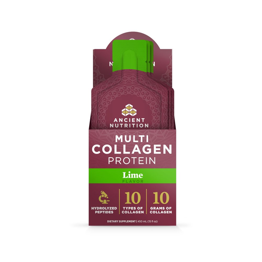 Ancient Nutrition Multi Collagen Protein Gel with Probiotics & Vitamin C, Hydrolyzed Collagen Peptides for Skin, Hair, Nails, Joints & Gut Health, Lime, 15 Packets
