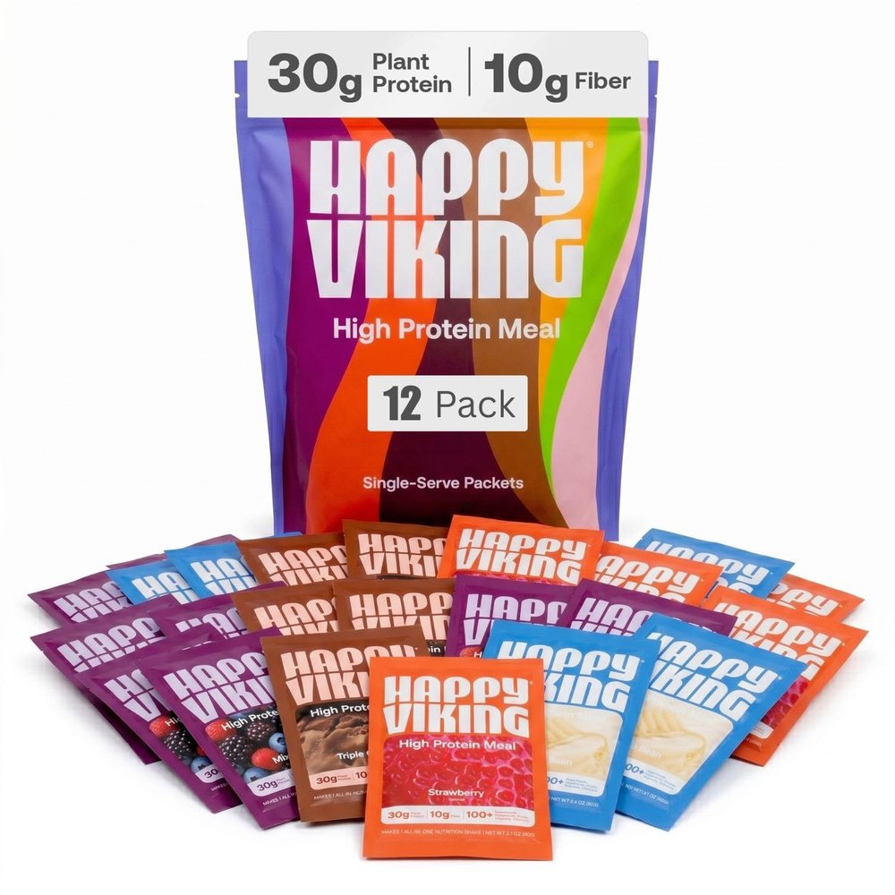 Happy Viking Plant-Based Protein Powder +100 Superfoods Meal Replacement Shake Variety Pack, Created by Venus Williams, 30g Plant Protein, 10g Fiber, Vegan, Gluten-Free, Non-GMO,12 Meals