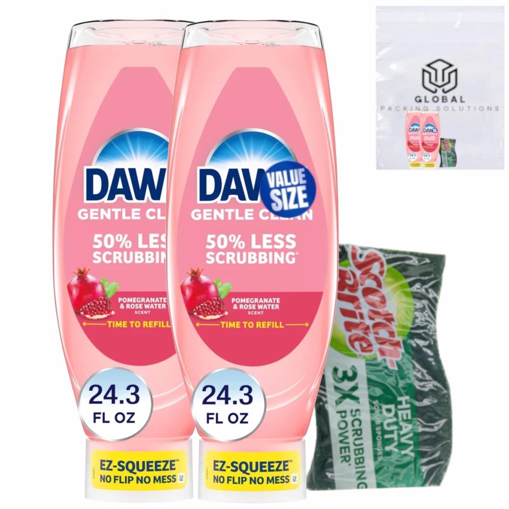 Dawn EZ Squeeze Gentle Clean Liquid Pomegranate & Rose Water Hand Dish Soap, 24.3 Fl Oz (Pack of 2) bundled with Heavy Duty Scotch Brite Sponge