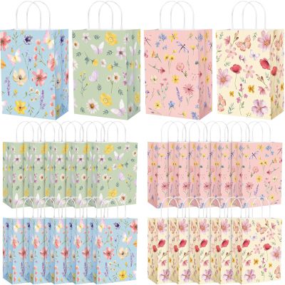 Gaillty 24 Pcs Floral Paper Gift Bags Flower Butterfly Goodie Bags with Handles Wildflower Wedding Welcome Bag for Wedding Bridal Shower Engagement Baby Shower Birthday Spring Tea Party Supplies