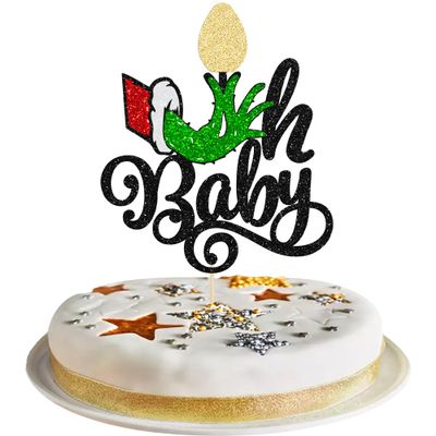 Gyufise 1 Pack Christmas Oh Baby Cake Toppers Merry Christmas Hand Cake Picks Birthday Party Decoration for Xmas Theme Baby Shower 1st Birthday Party Cake Decorations Supplies Black