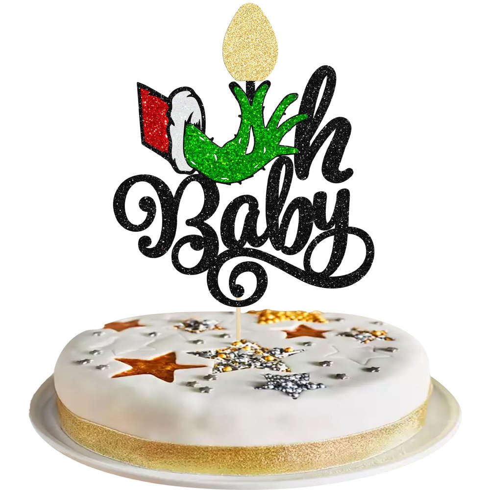 Gyufise 1 Pack Christmas Oh Baby Cake Toppers Merry Christmas Hand Cake Picks Birthday Party Decoration for Xmas Theme Baby Shower 1st Birthday Party Cake Decorations Supplies Black