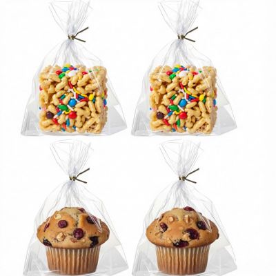 100 Pack 6"x7"x2.4" Cellophane Muffin Bags with Gold Twist Ties Flat Bottom Food Safe Bakery Packaging for Rice Krispie Treat Cupcakes Cookies Strawberries Macarons Perfect for Party Favors Catering
