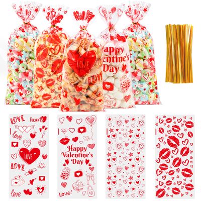 100PCS Valentines Goodie Bags - 5 x 11 Plastic Valentines Cellophane Treat Bags with Twist Ties, Red Heart & Love Design Valentine Candy Bags for Kids Classroom Exchange, Party Favors, Gifts, Cookies
