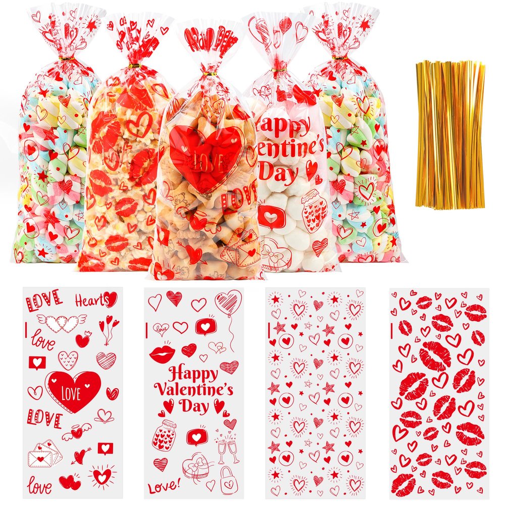 100PCS Valentines Goodie Bags - 5 x 11 Plastic Valentines Cellophane Treat Bags with Twist Ties, Red Heart & Love Design Valentine Candy Bags for Kids Classroom Exchange, Party Favors, Gifts, Cookies
