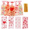 50PCS Valentines Goodie Bags - 5 x 11 Plastic Valentines Cellophane Treat Bags with Twist Ties, Red Heart & Love Design Valentine Candy Bags for Kids Classroom Exchange, Party Favors, Gifts, Cookies view 1