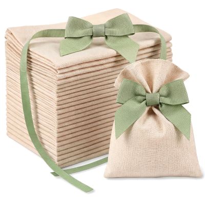 Windyun 30 Pack Burlap Wedding Favor Bags with Sage Green Pre-tied Bow 6 x 4 Inch Reusable Drawstring Gift Pouches Rustic Boho Small Treat Bags for Wedding Bridal Baby Shower Party Candy Soap Jewelry