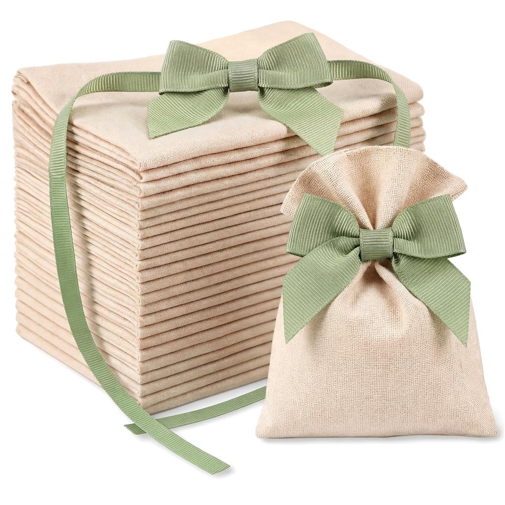 Windyun 30 Pack Burlap Wedding Favor Bags with Sage Green Pre-tied Bow 6 x 4 Inch Reusable Drawstring Gift Pouches Rustic Boho Small Treat Bags for Wedding Bridal Baby Shower Party Candy Soap Jewelry