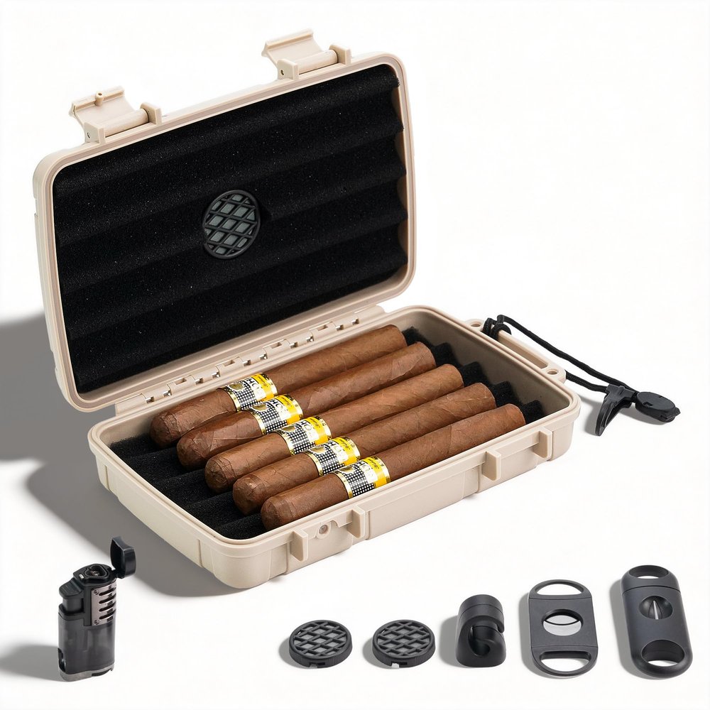 Arctic Loon Travel Cigar Humidor for 5 Cigars, Airtight Hard Case with Torch Lighter (Unfilled), Guillotine Cutter, V-Cutter, Magnetic Holder, Replaceable Humidifier & 2 Refills, CORE-5