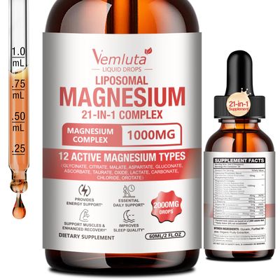 1 Pack 21-in-1 Liposomal Magnesium Complex Liquid Drops - 2X Absorption - with Magnesium Glycinate, Ashwagandha & L-Theanine, CoQ10 for Women and Men - Mood, Muscle, Heart & Nerve Support, 2 FL Oz