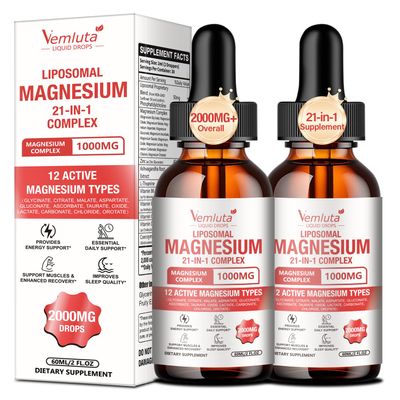 2 Packs 21-in-1 Liposomal 12 Active Magnesium Complex 2000MG+ Liquid Drops - with Magnesium Glycinate,Citrate etc, Ashwagandha & L-Theanine,CoQ10 for Mood, Muscle,Heart & Relaxation Nerve* Support
