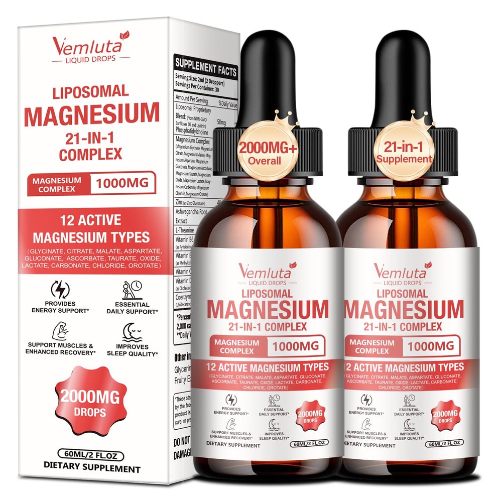 2 Packs 21-in-1 Liposomal 12 Active Magnesium Complex 2000MG+ Liquid Drops - with Magnesium Glycinate,Citrate etc, Ashwagandha & L-Theanine,CoQ10 for Mood, Muscle,Heart & Relaxation Nerve* Support