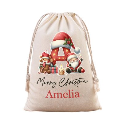 TailorYYCustomZ Personalized Drawstring Christmas Santa Bag, Santa Reindeer Monogram Letter Custom Name Reusable Christmas Gift Bag for Xmas Package Storage and Party Supplies Favors L 1Pc