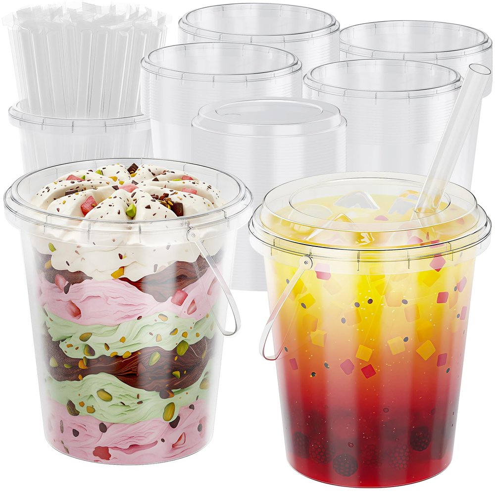 100 Sets Clear Plastic Buckets with Lids and Straws, 32 Oz Drink Bucket with Handle Disposable Cocktail Pails for Beach Pool Halloween Football Parties Bar Beer