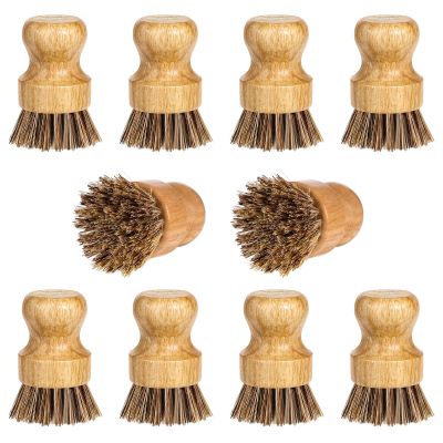 12 Packs Bamboo Dish Scrub Brush Wooden Washing Scrubbers with Sisal Bristles Kitchen Palm Pot Brush Round Mini Dish Brushes for Household Iron Pot Pan Sink Sink Vegetables Cleaning (Brown)