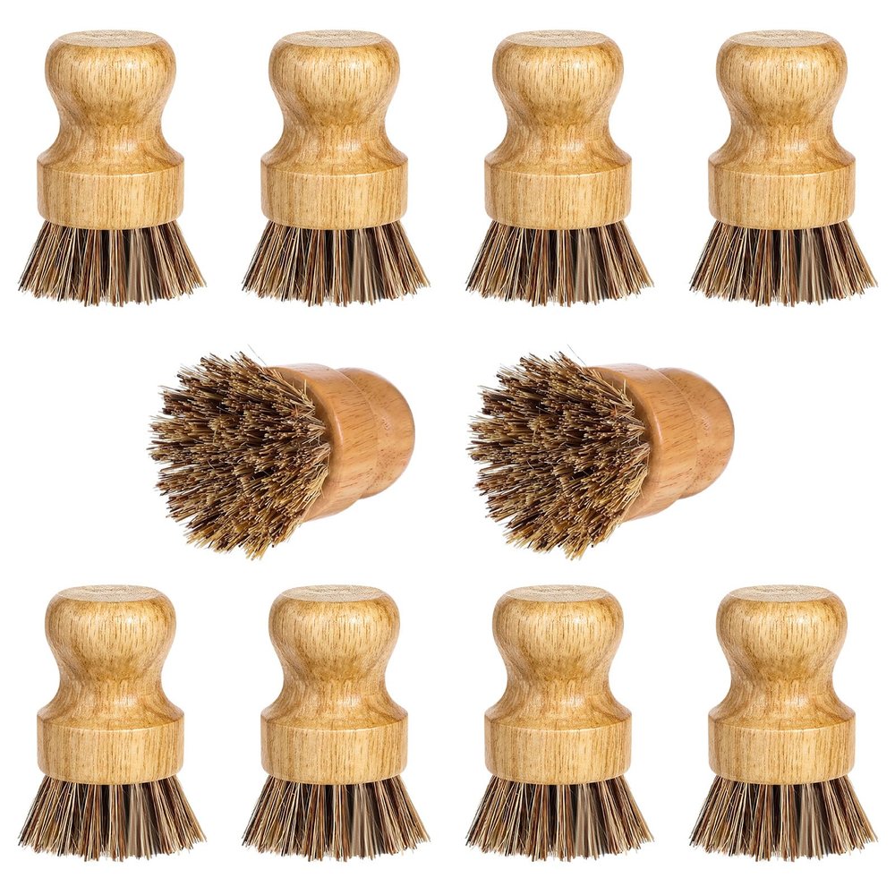 12 Packs Bamboo Dish Scrub Brush Wooden Washing Scrubbers with Sisal Bristles Kitchen Palm Pot Brush Round Mini Dish Brushes for Household Iron Pot Pan Sink Sink Vegetables Cleaning (Brown)