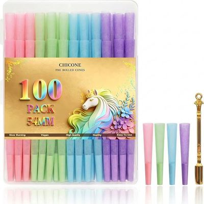100PACK 54mm Cones Rolling paper -Natural Slow-Burning Cones Rolling Paper with Loader and Packing Sticks