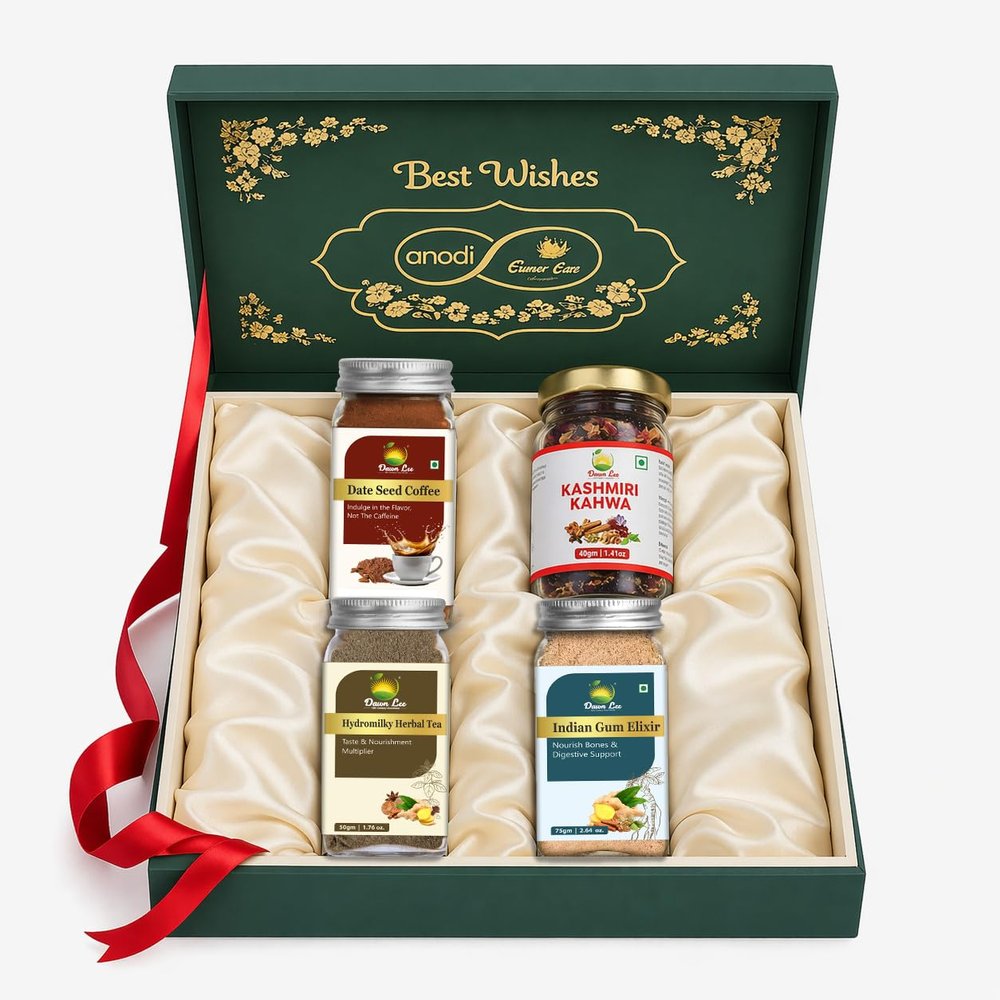 Dawn Lee Herbal Tea Gift Set Kashmiri Kahwa, Date Seed Coffee & Indian Gum Elixir | Caffeine-Free Tea & Coffee Sampler Gift Box | Birthday, Holiday & Corporate Gift