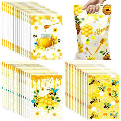 Resflyar 100 PCS Bee Party Favor Gift Bags, Honeybee Floral Goodie Candy Treat Plastic Bags with Handles for Birthday Baby Shower Wedding Decoration Party Favor Supplies