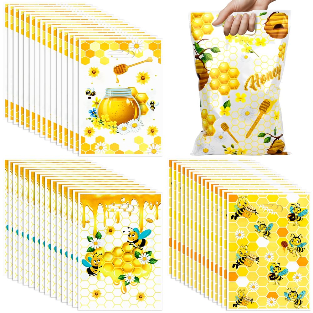 Resflyar 100 PCS Bee Party Favor Gift Bags, Honeybee Floral Goodie Candy Treat Plastic Bags with Handles for Birthday Baby Shower Wedding Decoration Party Favor Supplies