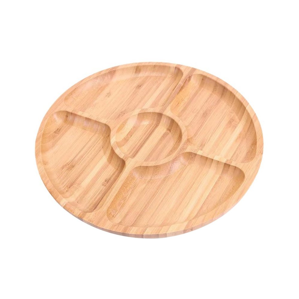 Bamboo Round 5 Compartment ServingCompatible for Snacks Fruits Nuts Wooden Plate with Dividers(25cm)