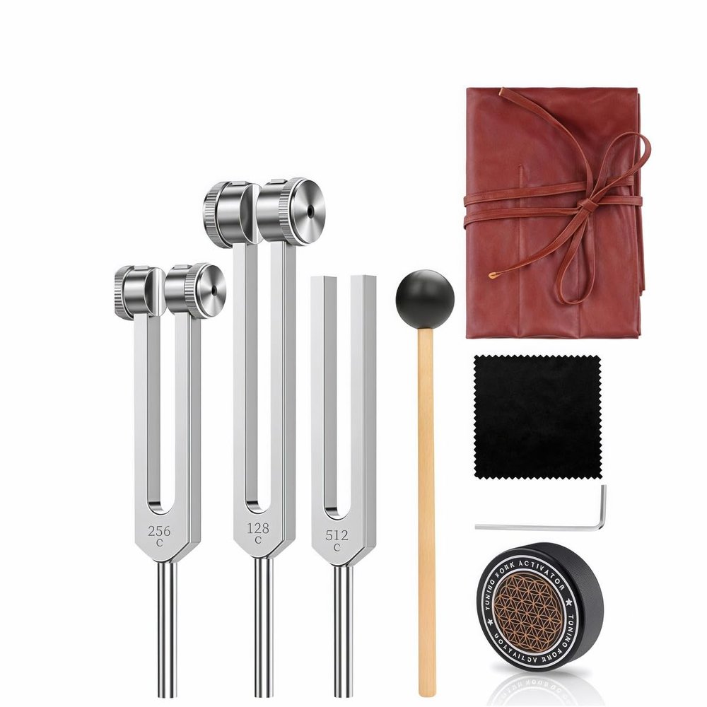 Sound Healing Tuning Fork Set, 128Hz 258Hz 512Hz Frequencies, Weighted and Unweighted with Activator for Meditation, Yoga, Chakra Balancing, Sound Therapy