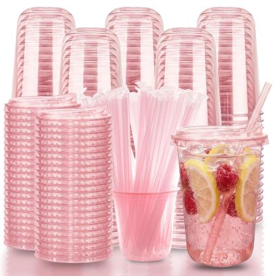Xuelimei 16oz Disposable Stemless Glasses With Strawless Sip Lids and Straws,PET Disposable Drinking Cups,Clear Plastic Wine Glasses for Parties Birthday,Wedding,Meeting,Party Supplies. (100, Pink)
