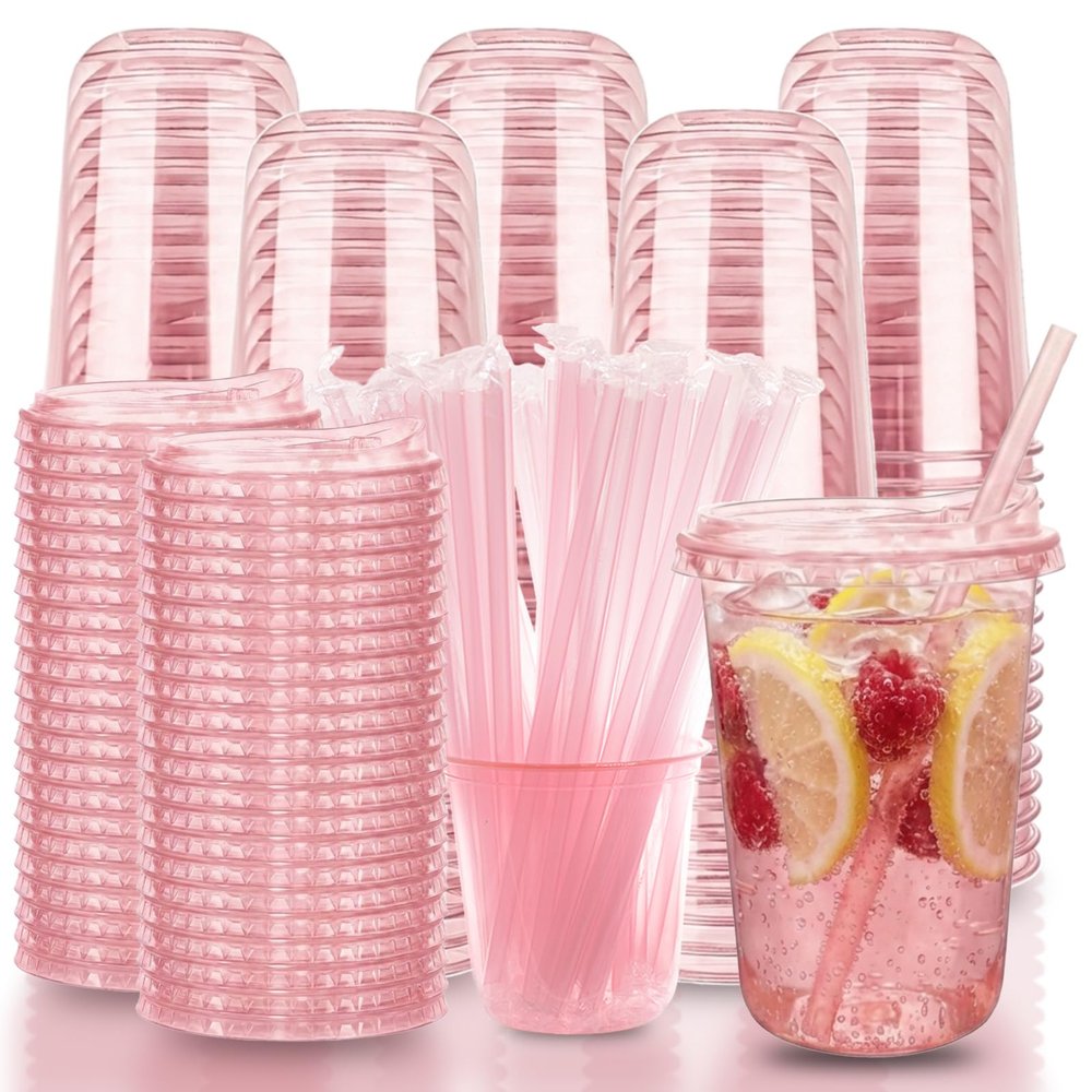 Xuelimei 16oz Disposable Stemless Glasses With Strawless Sip Lids and Straws,PET Disposable Drinking Cups,Clear Plastic Wine Glasses for Parties Birthday,Wedding,Meeting,Party Supplies. (100, Pink)