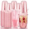 Xuelimei 16oz Disposable Stemless Glasses With Strawless Sip Lids and Straws,PET Disposable Drinking Cups,Clear Plastic Wine Glasses for Parties Birthday,Wedding,Meeting,Party Supplies. (100, Pink) view 1