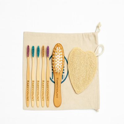 Baby & Kids Grooming Kit Wooden Hair Brush, Soft Bristle Bamboo Toothbrush & Bath Loofah Set, Natural Bath Essentials for Toddlers & Children