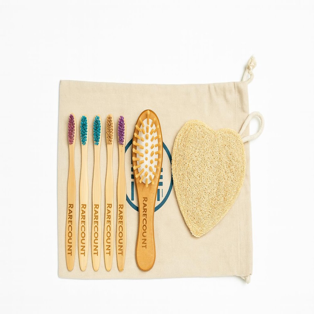 Baby & Kids Grooming Kit Wooden Hair Brush, Soft Bristle Bamboo Toothbrush & Bath Loofah Set, Natural Bath Essentials for Toddlers & Children