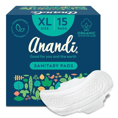 A.n.d.n.a.i Organic Cotton Sanitary Pads, XL Size with 100% Organic Cotton Top Layer, 15 Count, Compostable Natural Feminine Care