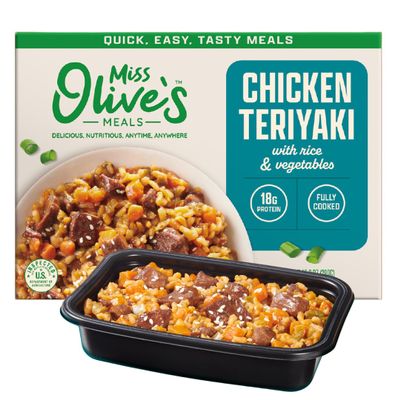 Miss Olives Teriyaki Chicken & Rice Ready Meal, 6 Pack | 6 x 10.2 oz Microwaveable K-12 Entre Trays | Heat and Serve Ready-to-Eat Chicken and Rice Meals for Quick Lunches