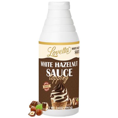Lovetta Hazelnut White Chocolate Sauce Bulk 34oz (1L) Bottle Smooth Gourmet Hazelnut & White Chocolate Drizzle, Dessert Topping for Crepes, Waffles, Ice Cream, Coffee & Pastries Ready to Use