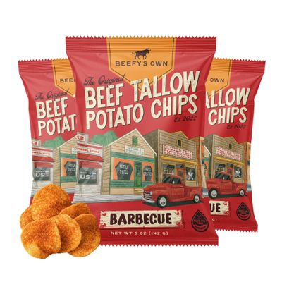 Beefys Own Beef Tallow Potato Chips - Kettle Chips Made Without Seed Oils, Gluten Free, Crispy, and Thick Cut - Old-Fashioned Small Batch Fried in Beef Tallow, Barbeque (5 Oz, Pack of 3)