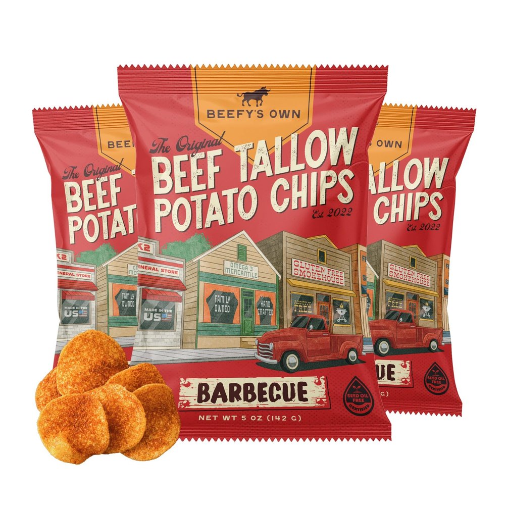 Beefys Own Beef Tallow Potato Chips - Kettle Chips Made Without Seed Oils, Gluten Free, Crispy, and Thick Cut - Old-Fashioned Small Batch Fried in Beef Tallow, Barbeque (5 Oz, Pack of 3)