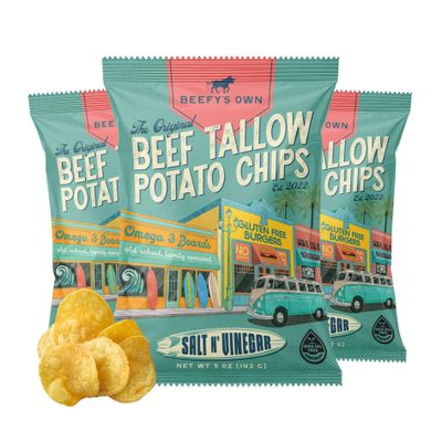 Beefys Own Beef Tallow Potato Chips - Kettle Chips Made Without Seed Oils, Gluten Free, Crispy, and Thick Cut - Old-Fashioned Small Batch Fried in Beef Tallow, Salt and Vinegar (5 Oz, Pack of 3)