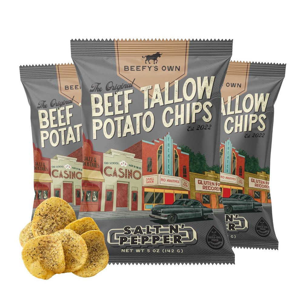 Beefys Own Beef Tallow Potato Chips - Kettle Chips Made Without Seed Oils, Gluten Free, Crispy, and Thick Cut - Old-Fashioned Small Batch Fried in Beef Tallow, Salt and Pepper (5 Oz, Pack of 3)