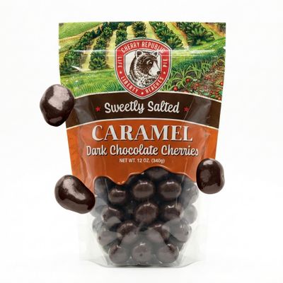 Cherry Republic Sweetly Salted Caramel Dark Chocolate Covered Cherries - 12oz Bag, Dried Montmorency Salted Caramel Dark Chocolate Cherries, Gourmet Candy Gift or Snack, Resealable, Made in USA