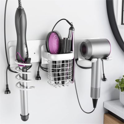 Tindbea Upgraded Aluminum Alloy Hair Dryer Holder Wall Mounted with Built-in Cord Wrap,3-in-1 Hair Tool Organizer for Blow Dryer, Curling Iron, and Straightener, White