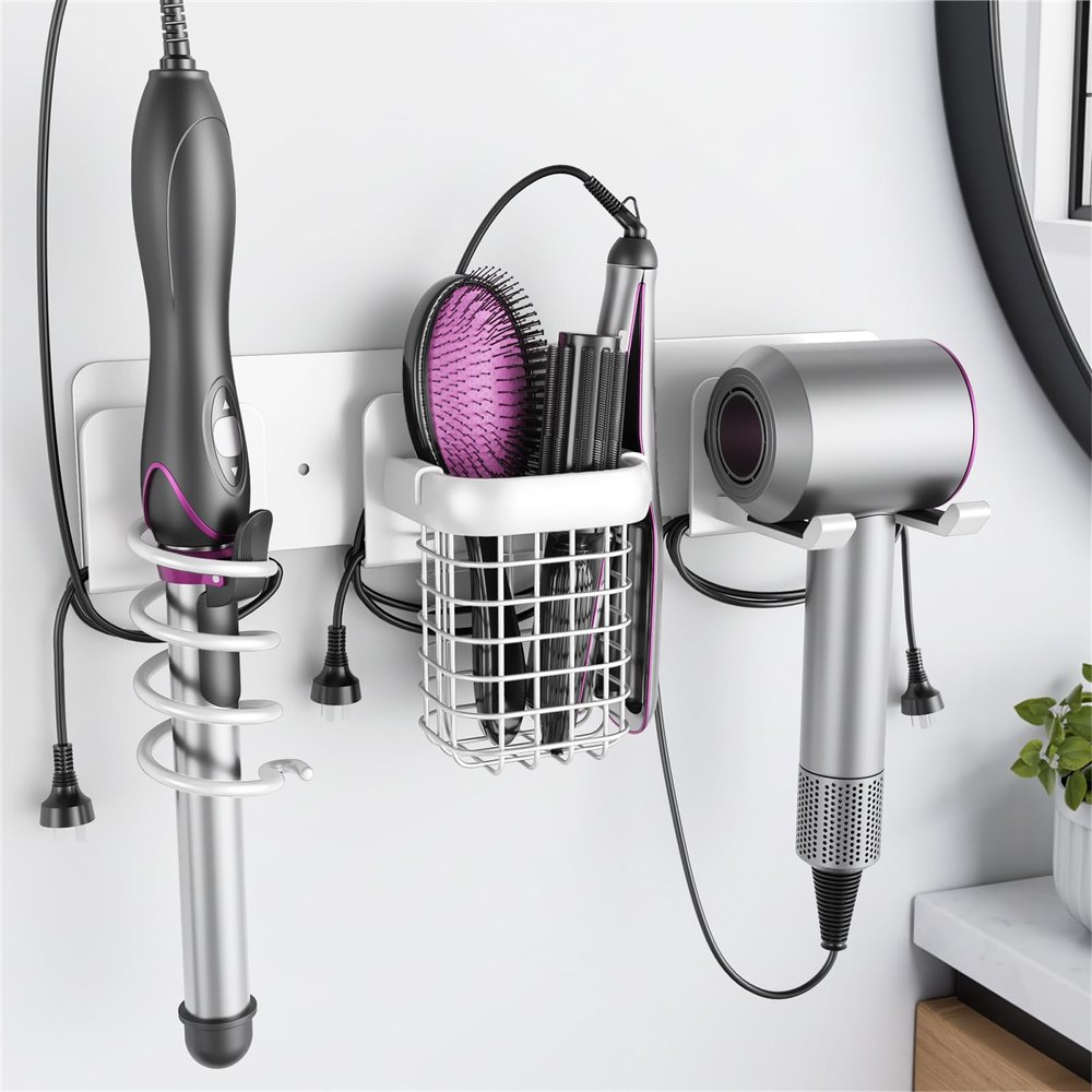 Tindbea Upgraded Aluminum Alloy Hair Dryer Holder Wall Mounted with Built-in Cord Wrap,3-in-1 Hair Tool Organizer for Blow Dryer, Curling Iron, and Straightener, White