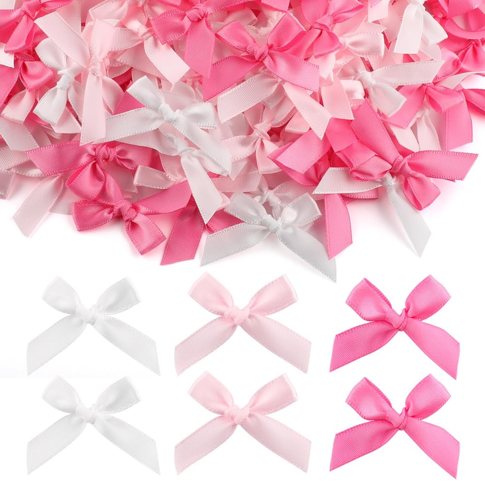 300 Pcs Mini Satin Bows with Adhesive Dots, 2 Inch Small Ribbon Bows for Gift Wrapping, Cake Toppers, Greeting Cards, Wedding Favors & DIY Party Decor (Pink)
