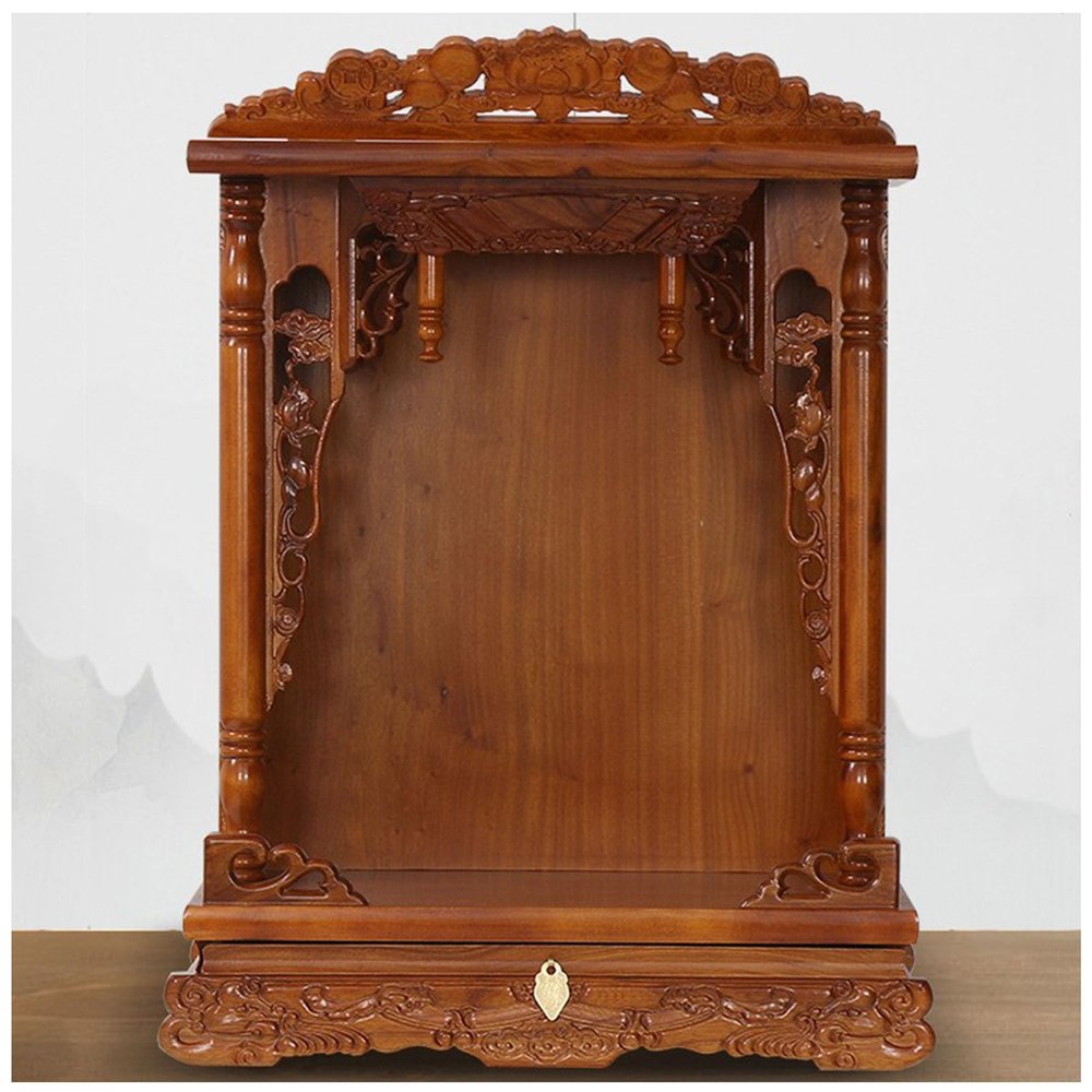 Buddha Statue Stand, Wall-Mounted Offering Table, Wooden Carved Temple Shelf for Guan Gong Guanyin Statues