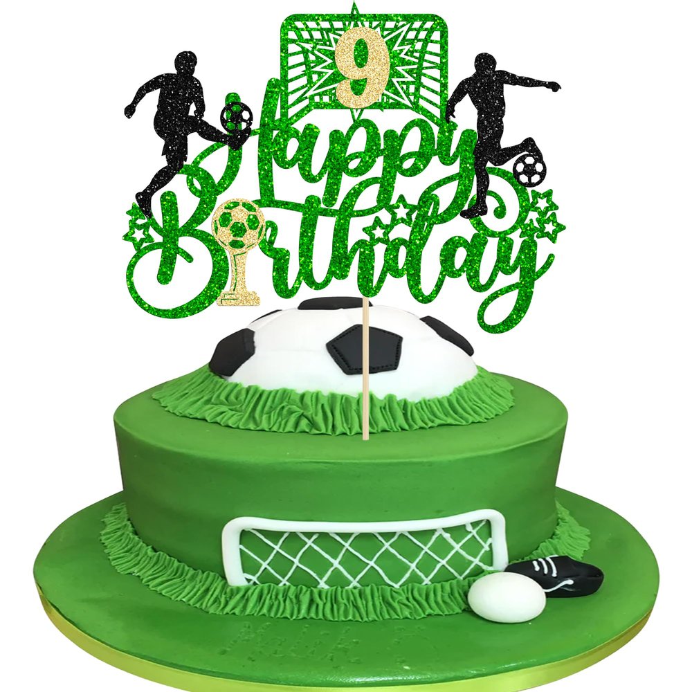 Ephlyn 1 Pack Happy 9th Birthday Soccer Ball Cake Topper Sport Football Cake Picks for Soccer Ball Theme Kids 9th Birthday Party Cake Decorations Supplies