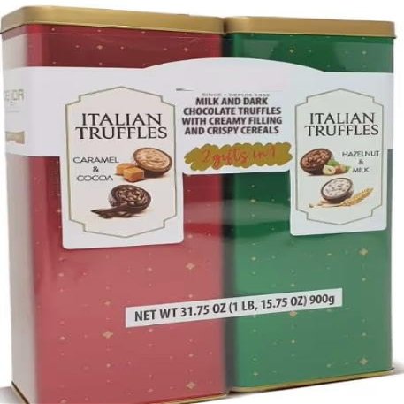 Premium Fine Italian Chocolate Truffles Gift Tins, 2 pk. Assorted truffle flavors: Milk, Dark, Hazelnut, and Caramel With Creamy Filling Gift for Christmas.
