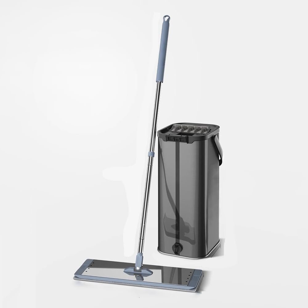 Mop and Bucket with Wringer Set, 304 Stainless Steel Flat Mop, Flat Mop Bucket with Handle, Wet and Dry Use, Adjustable Mop Length, Suitable for All Floor Types and Windows