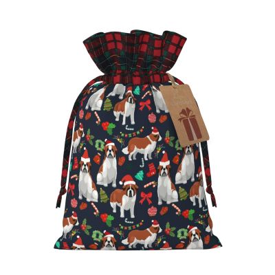Cute Saint Bernard Dog Puppy Lovers Christmas Bags For Gifts Sacks Buffalo Plaid Red Burlap Drawstring Xmas Gift Bag For All Holidays Party Birthday Santa Claus Christmas Decorations Tree Merchandise