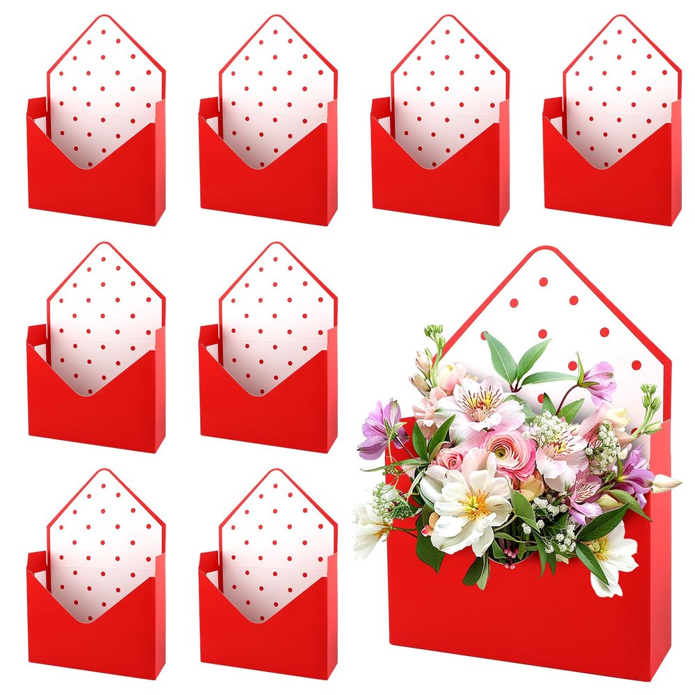 10 Pcs Florist Bouquet Envelope Boxes,Red Dot Style Flower Bouquet Package Gift Folding Paper Boxes for Florist Arrangements, Weddings, Birthdays, Mother's Day,Parties,Large Size 9.05 x 3 x 13.7 Inch